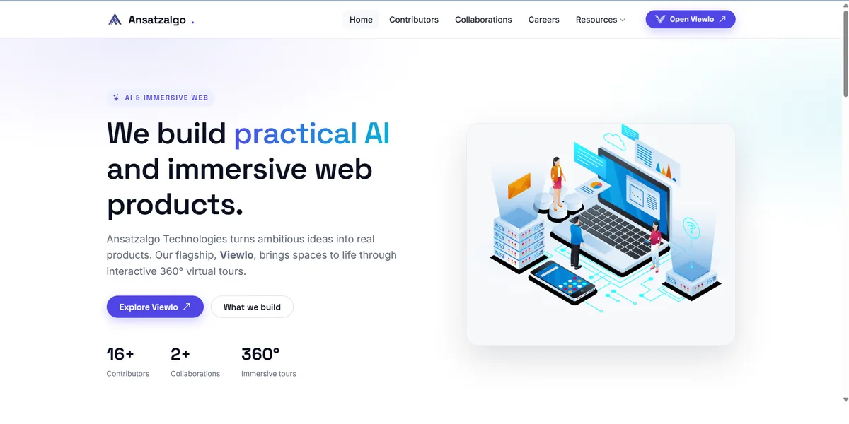 The AnsatzAlgo Technologies homepage, headlined "We build practical AI and immersive web products"